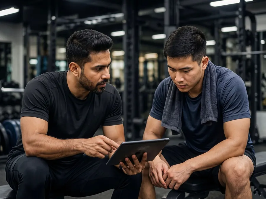 A coach going through a training plan on a tablet with a client in the gym