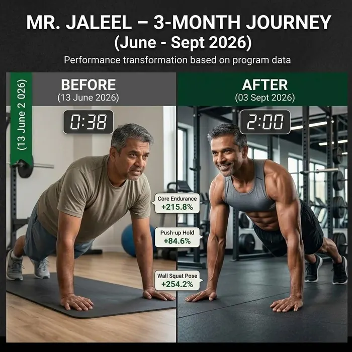 Before and after visualisation of Mr Jaleel holding a push-up: 38 seconds in June, 2 minutes in September